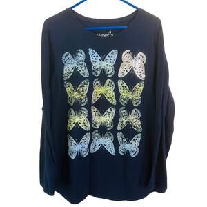 Hanes Glitter Butterfly Kidcore 90s Long Sleeve Navy Tshirt Size XXL